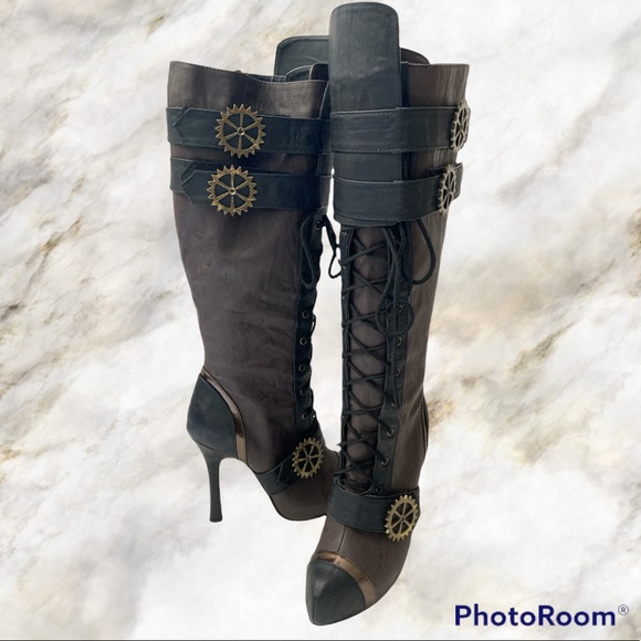 Ellie Shoes - Ellie “Quinley” brown knee high steampunk boots- 7